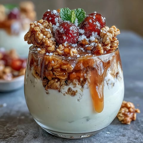 A creamy Greek yogurt parfait layered with crunchy granola and drizzled with salted honey, garnished with fresh berries.
