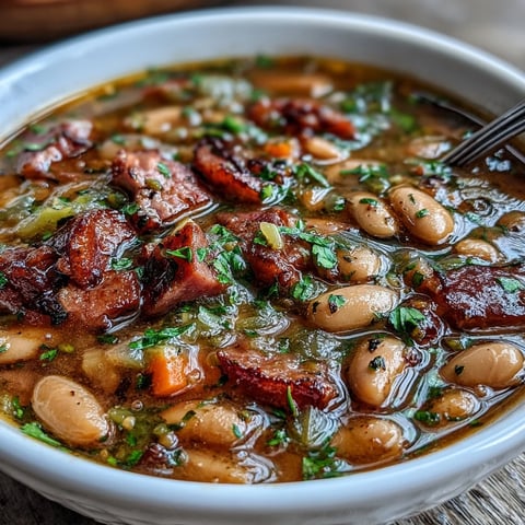 A steaming bowl of ham bone bean soup with tender beans and smoky paprika, garnished with fresh parsley.