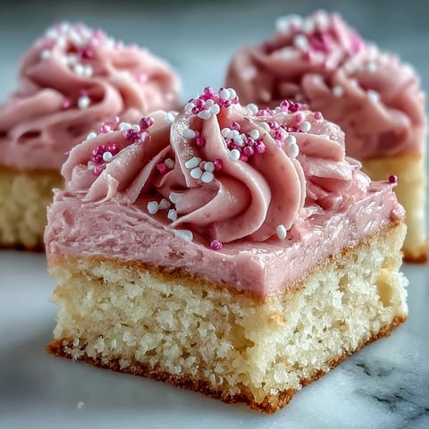 Soft sugar cookie bars with creamy strawberry frosting and pink sprinkles for a festive Valentine's Day dessert.