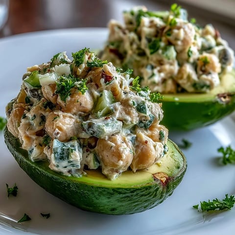 Creamy chickpea tuna salad stuffed into ripe avocado halves for a fresh, protein-rich vegan lunch.  