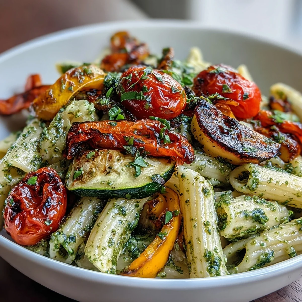 A colorful plate of roasted veggie and pesto pasta with cherry tomatoes, garnished with fresh basil and Parmesan.  