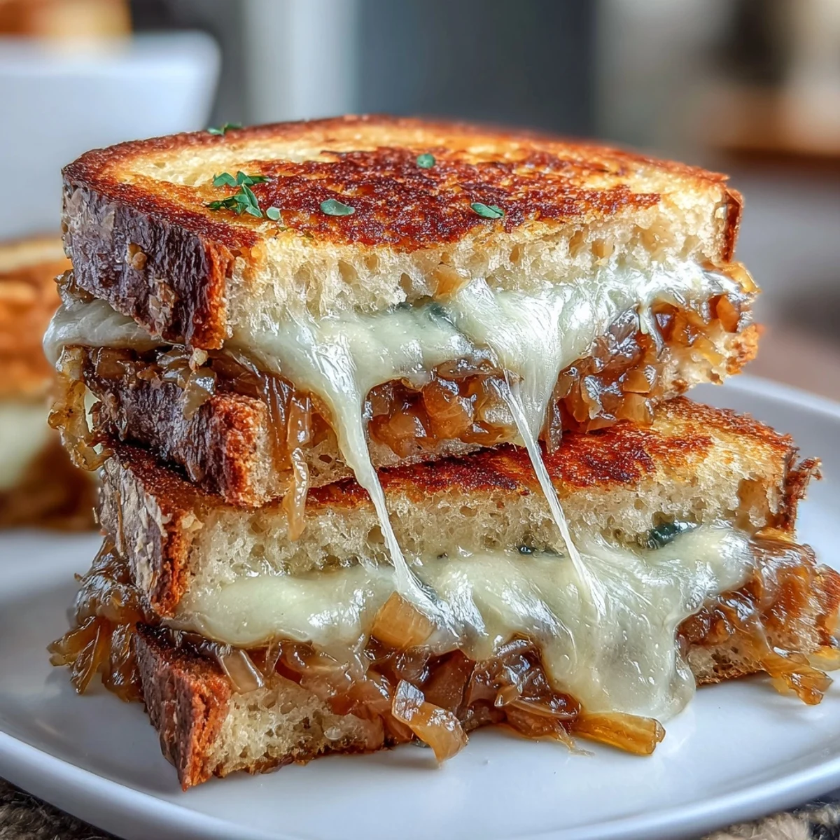 A golden sourdough sandwich filled with gooey Gruyère and Swiss cheese, layered with sweet caramelized onions and fresh thyme.