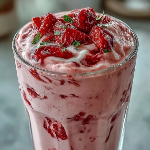 A creamy cottage cheese strawberry smoothie in a glass, topped with fresh strawberry slices and a drizzle of honey.