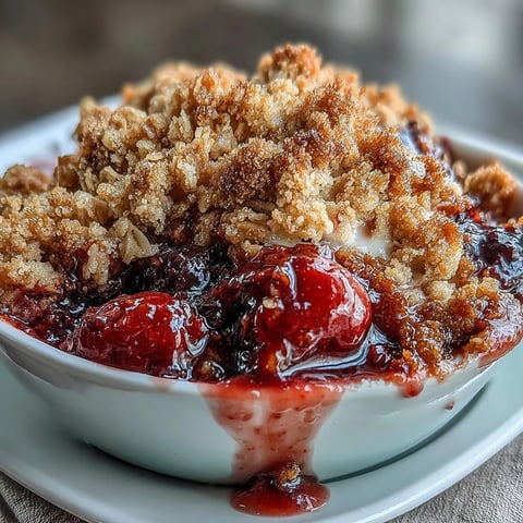A rustic berry crumble with a golden oat topping, bubbling with sweet mixed berries in a cozy ramekin.  