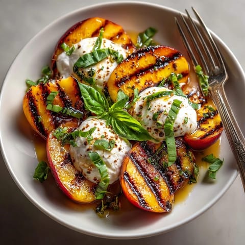 Close-up of a grilled peach and burrata salad&amp;mdash;ripe, juicy, and herb-infused.