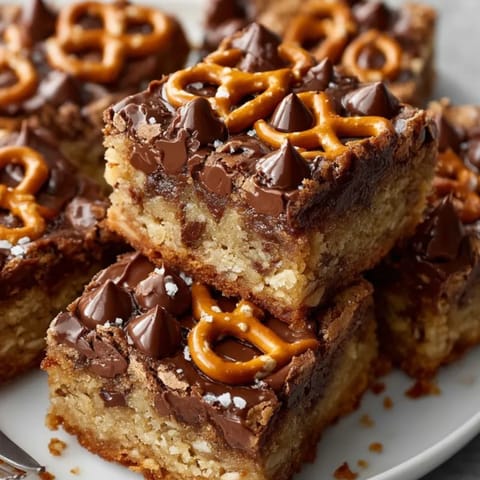 Chewy Maple-Pretzel Chocolate Chip Blondies with glistening chocolate chunks and pretzel salt.