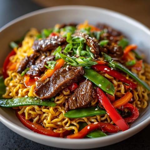 Vibrant Spicy Sriracha Beef Ramen Stir-Fry with tender beef, a quick weeknight dinner.