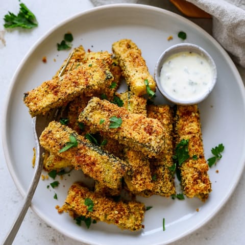 Close-up of crispy Cheesy Cajun Zucchini Sticks, showcasing the crunchy breadcrumb coating.