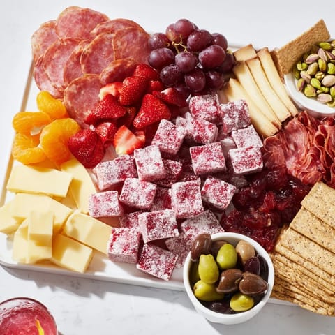 Festive charcuterie board showcasing meats, cheeses, and homemade cranberry marshmallows delightfully.  