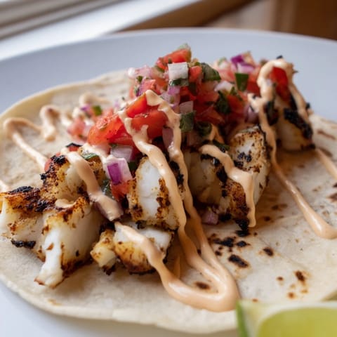 Succulent grilled fish tacos drizzled with spicy mayo and topped with fresh pico de gallo.  