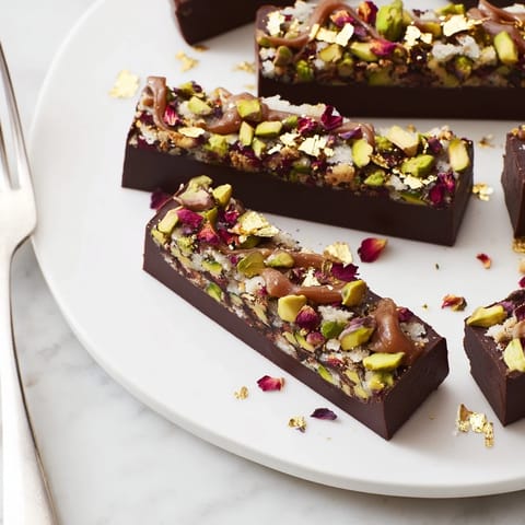 Fusion dessert featuring dark chocolate, pistachios, and edible gold leaf garnish.  