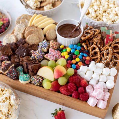 Vibrant dessert boards filled with sweet treats and colorful snacks for sharing.  