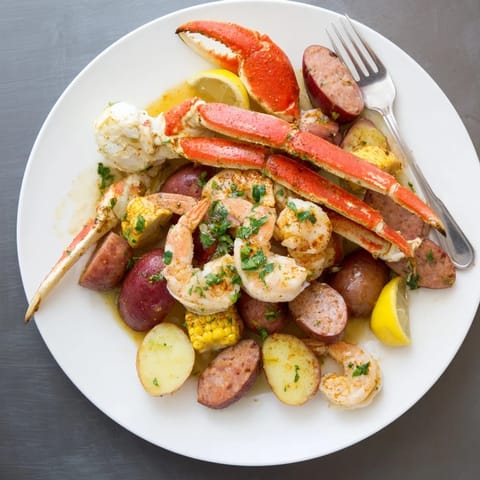 An enticing seafood boil featuring crab, shrimp, sausage, potatoes, and corn delights.  