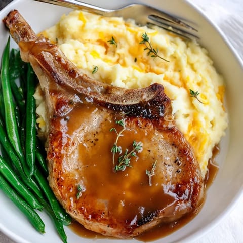 Hearty Pork Chops & Cheddar Mash Bowl paired with fresh green beans for a delightful meal.  