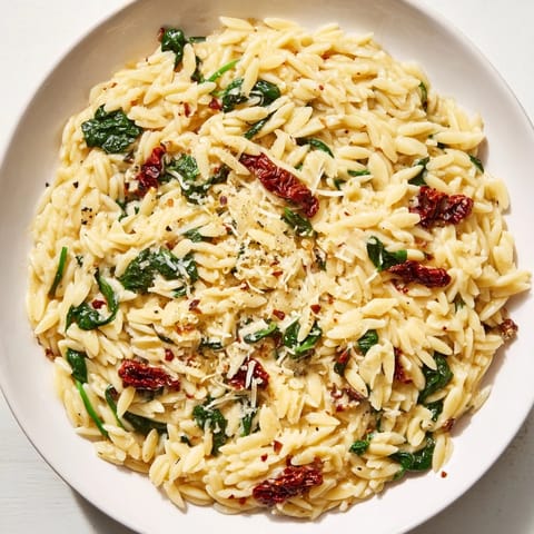 Savor the flavors: A warm Creamy Tuscan Orzo Bowl, garnished with Parmesan and fresh herbs.