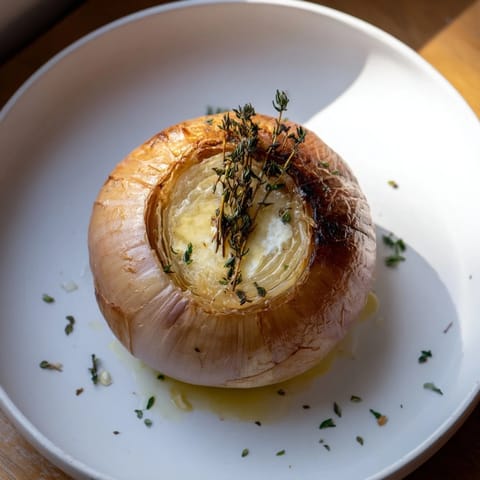 Steaming plate of Onion Boil, fragrant with thyme and garlic, a comforting side dish ready to enjoy.