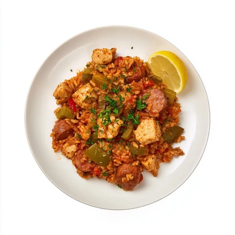 This oven-baked Simple Chicken and Sausage Jambalaya showcases tender chicken, spicy sausage, and vegetables in tomato rice.