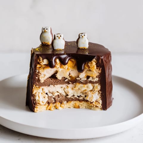 This elegant Plaisirs Sucrés Hibou de la Nuit entremets features a glossy chocolate glaze and owl detail.