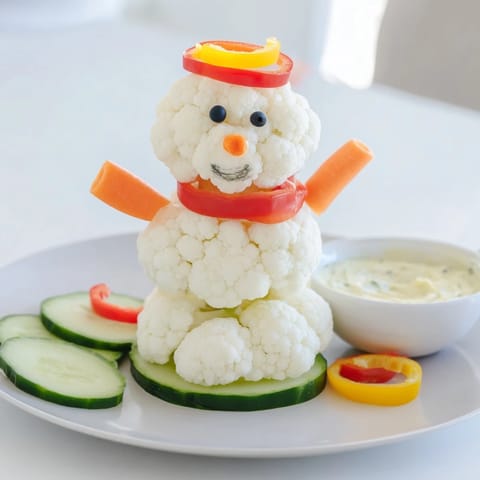 Vibrant Snowman Crudités arrangement: See the cute snowman shape, ready to dip in creamy herb sauce.