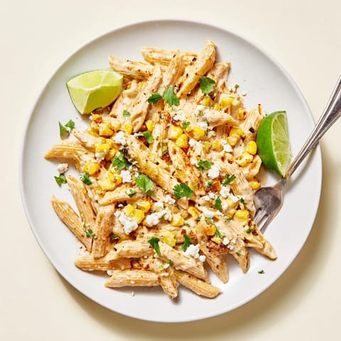 A serving of Mexican Street Corn Pasta topped with cotija, chili powder, and lime wedges on a rustic table.  