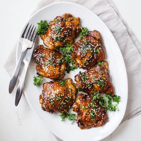 Golden-brown Honey Garlic Glazed Chicken thighs basted with sweet-savory sauce, paired with steamed rice and stir-fried vegetables on a plate.
