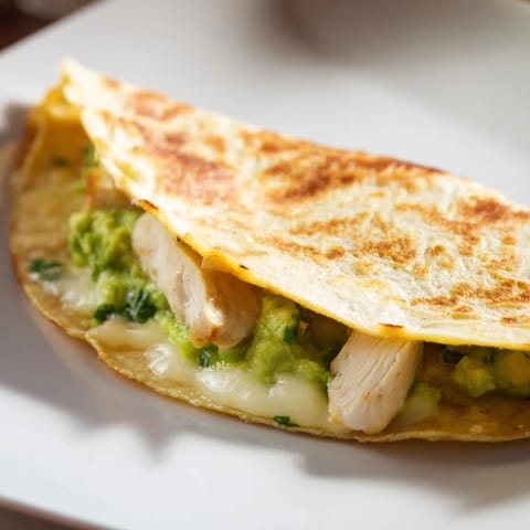 A close-up of a sliced Chicken Avocado Quesadilla revealing juicy chicken and fresh cilantro inside.