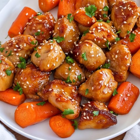 Tender chicken pieces and crisp spring vegetables glazed in a glossy honey garlic sauce, fresh from the oven on a sheet pan.
