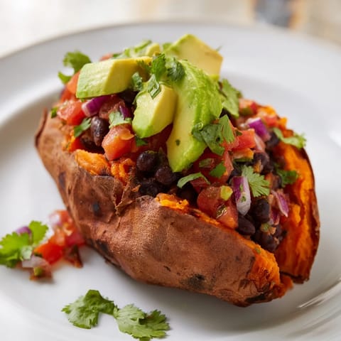 Hearty vegetarian meal with roasted sweet potatoes, spicy chipotle black beans, and vibrant zesty tomato salsa.  