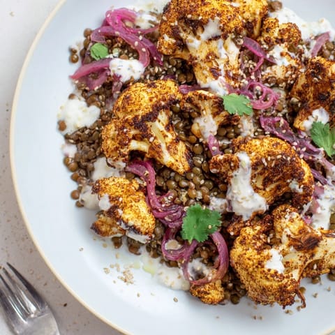 Garlicky cumin-tahini yogurt sauce pools beneath tender, caramelized cauliflower on a platter of zesty lemon lentils, garnished with toasted sesame seeds.