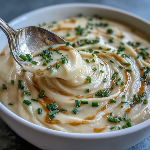 Silky, pale-green Creamy Celery Root Bisque poured from a blender into a rustic soup pot.