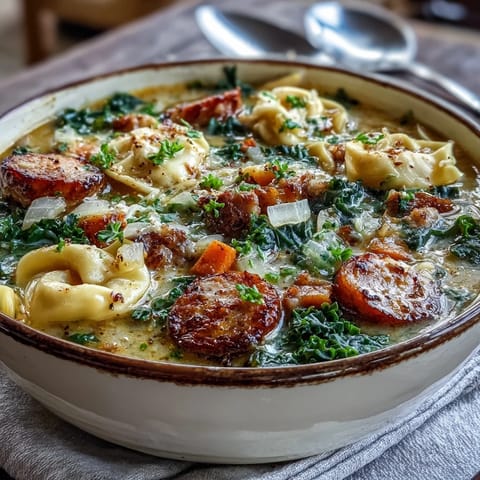 A spoonful of cheesy tortellini and savory sausage in pumpkin soup, with wilted kale, ready to serve with crusty bread.