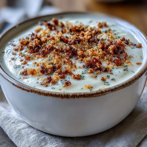 The warm Celeriac Soup with Hazelnut Crumble features a crunchy, toasted topping over its silky surface.