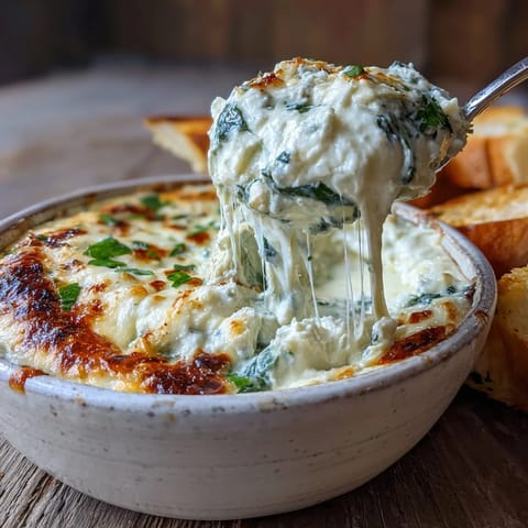 Golden-brown Spinach Artichoke Dip bubbling in a ceramic dish, topped with melted mozzarella and specks of green spinach, served warm with sturdy tortilla chips for dipping.