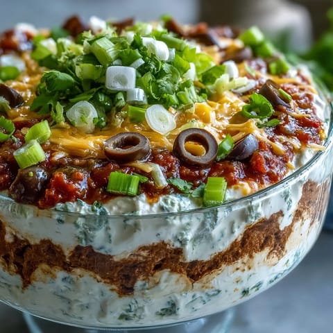 4-Way Layered Dip piled high with beans, creamy cheese blend, salsa, olives, and green onions, served with tortilla chips.
