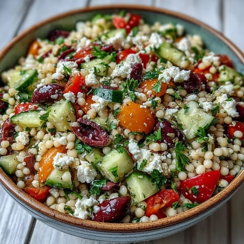 Fresh parsley and a zesty oregano vinaigrette finish this Mediterranean Pearl Couscous, served in a rustic white bowl for a light, healthy lunch.  