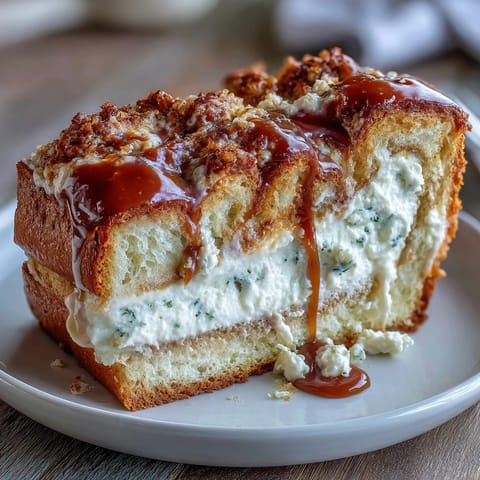 A close-up of a Caramel Cream Cheese Bread slice on a white plate, revealing a creamy cheesecake swirl center.