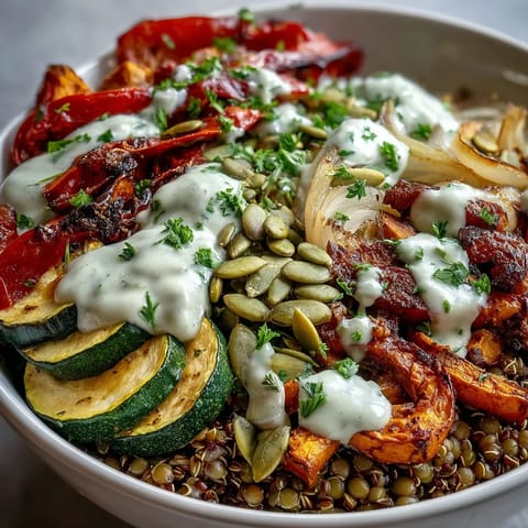 Creamy tahini dressing drizzled over roasted veggies and hearty grains in a warm Lentil Power Bowl.