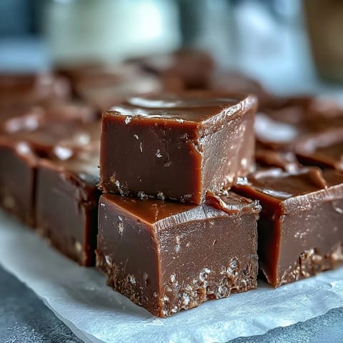 Rich squares of homemade Hojicha Fudge with a smooth, glossy finish, showing roasted tea speckles.