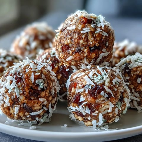 No-bake Hojicha Energy Balls with chewy dates, nuts, and cacao nibs scattered nearby.