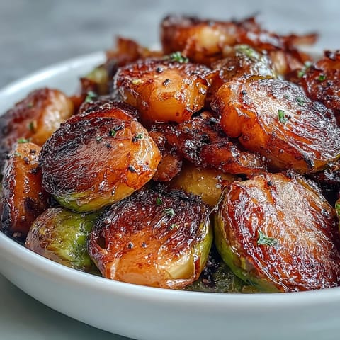 Crisp Irresistible Orange Maple Glazed Brussels Sprouts tumble from a baking sheet, showcasing caramelized edges.