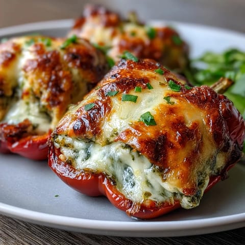 Tender mini sweet peppers filled with creamy pesto chicken and melty cheese.