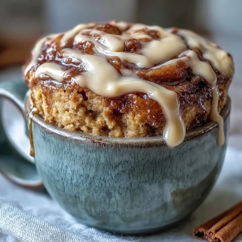 Freshly microwaved High-Protein Cinnamon Roll Mug Cake with a visible cinnamon swirl in a white ceramic mug.