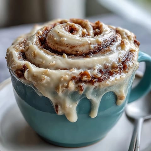 Cinnamon Roll Mug Cake topped with creamy frosting, prepared in a mug and ready in minutes.