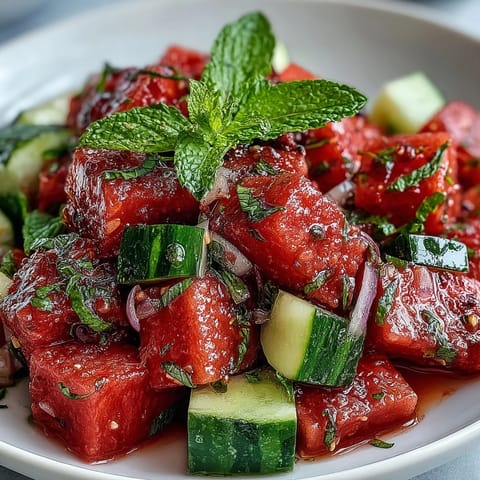 Freshly tossed Summer Watermelon Cucumber Mint Salad in a glass bowl, topped with thinly sliced red onion and a glistening lime-olive oil dressing, perfect for a light, hydrating summer lunch.