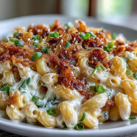 Bowls of Korean-Style Turkey Mac & Cheese feature glossy gochujang turkey, sharp cheddar sauce, and toasted sesame seeds for garnish.