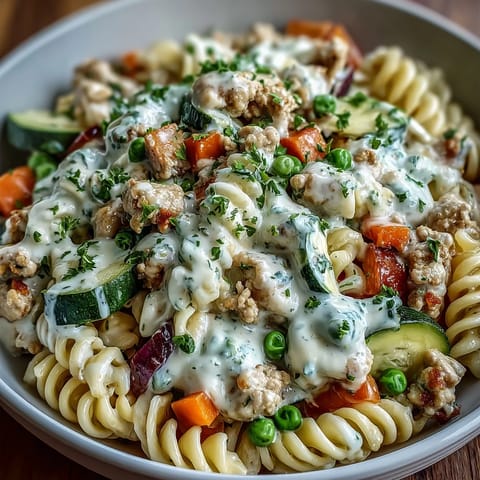 A close-up view of the Creamy Ranch Turkey & Veggie Skillet, showcasing steam rising from the colorful, tender veggies and rich sauce.