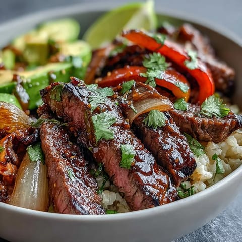 Vibrant steak fajita bowl with sizzling strips of marinated steak over sautéed peppers and onions, served atop cauliflower rice for a low-carb Tex-Mex meal.  