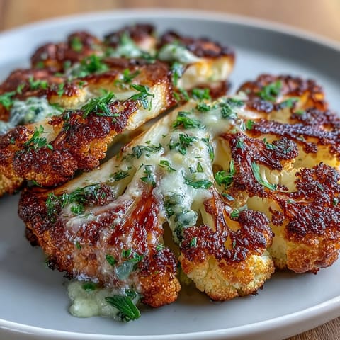 Savory oven-baked cauliflower steaks topped with smoky garlic-Parmesan seasoning, ideal for keto and gluten-free diets.  