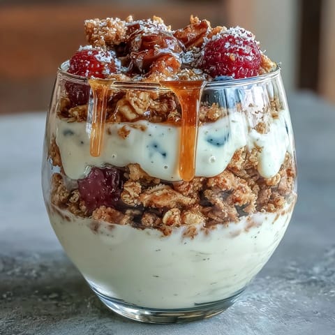Layers of tangy Greek yogurt, sweet salted honey, and crispy granola create a delightful parfait perfect for breakfast or dessert.