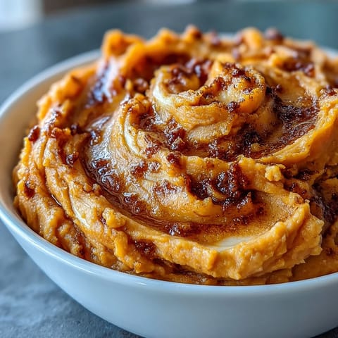 A creamy bowl of candied yams mashed with butter and cinnamon, topped with chopped pecans for added crunch and warmth.  